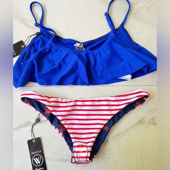 Nwt Wildfox American reversible patriotic stripe red white blue ruffle bikini - Picture 2 of 4